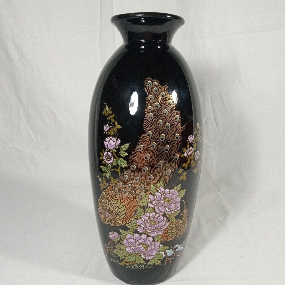 Vintage Mid Century Enchanto California E62 Vase Peacock Design Hand Painted